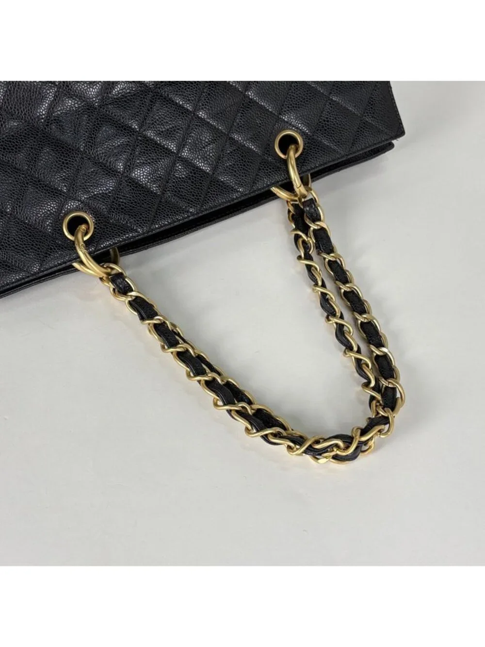 Chanel CC Logo Chain Tote Quilted Caviar Leather Black